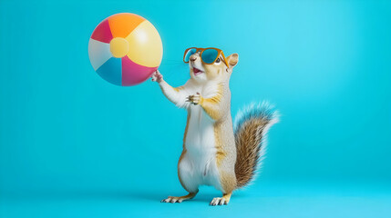 Fototapeta premium Cheerful squirrel wearing sunglasses tossing a beach ball, symbolizing energy and joy, perfect for summer ads or playful branding