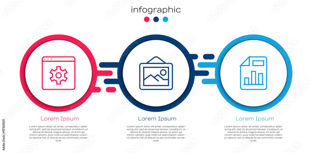 Poster set line browser setting, picture landscape and document with graph chart. business infographic temp