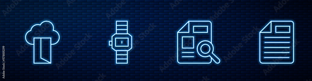 Poster set line document with graph chart, cloud database, wrist watch and file document. glowing neon icon