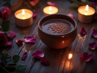 A cozy composition featuring a mug of hot chocolate on a wooden surface. Accented with rose petals and tea candles, it illustrates cacao ceremony practice