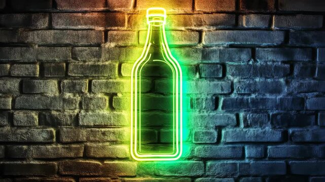 Neon bottle is lit up on a brick wall. The bottle is green and blue