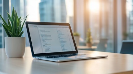 Sleek laptop on bright office desk with potted plant in sunlit modern workspace