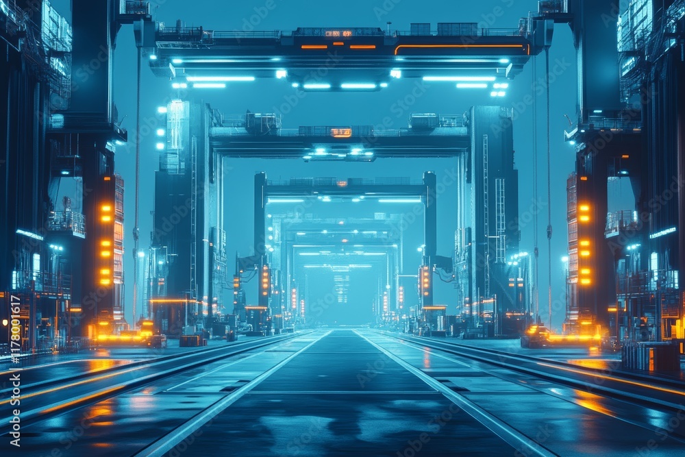 Poster futuristic automated port featuring robotic cranes and illuminated pathways for efficient logistics