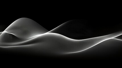 Abstract White Flowing Lines on Black Background. Smooth, elegant curves create a sense of motion and dynamism. Ideal for technology, science, or music-related projects.