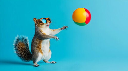 Cheerful squirrel wearing sunglasses tossing a beach ball, symbolizing energy and joy, perfect for summer ads or playful branding