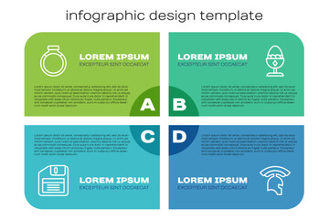Set line Floppy disk, Gold ring, Roman army helmet and Chicken egg on stand. Business infographic template. Vector