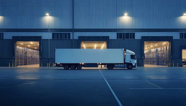 Cargo delivery truck at modern warehouse exterior  a hub for logistics and distribution services