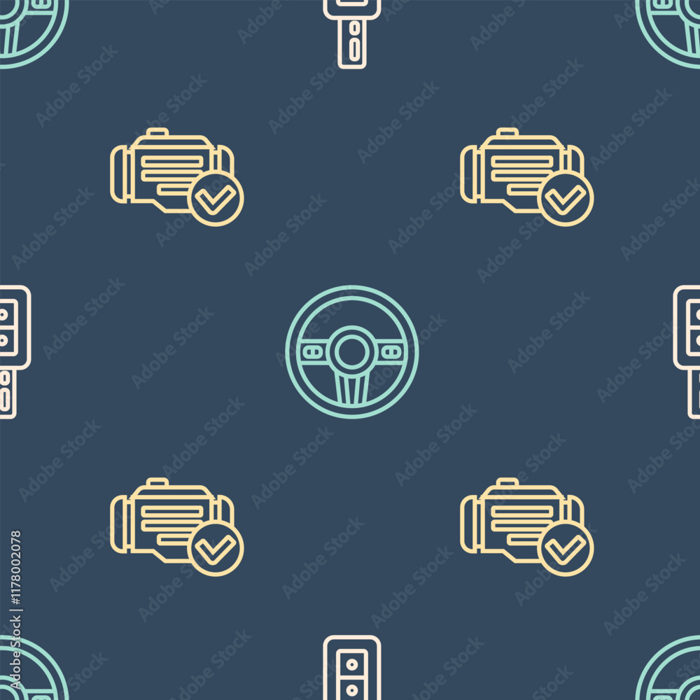 Poster set line car key with remote, check engine and steering wheel on seamless pattern. vector