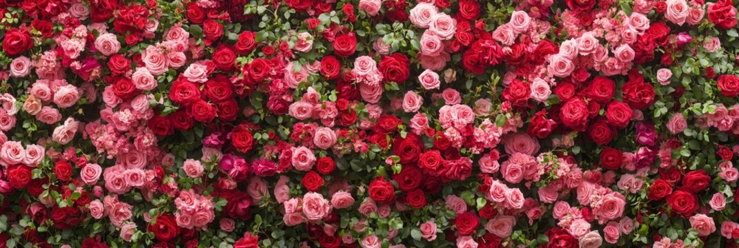 Vibrant red and pink rose wall with lush greenery