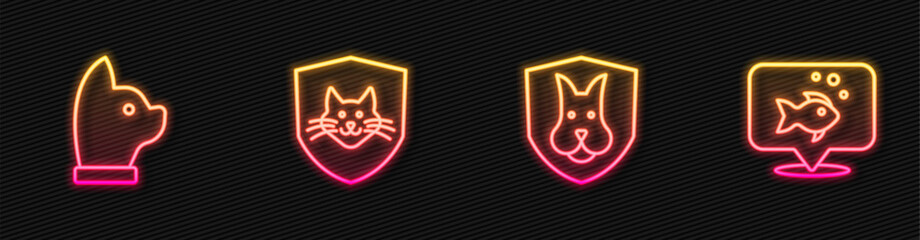 Set line Animal health insurance, Cat, and Fish. Glowing neon icon. Vector
