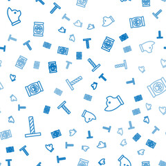 Set line Cat scratching post with toy, and Bag of food for pet on seamless pattern. Vector