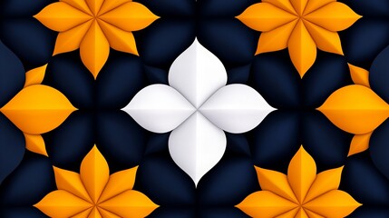 Obraz premium Abstract background with orange and white paper flowers on a dark blue backdrop. Geometric pattern.