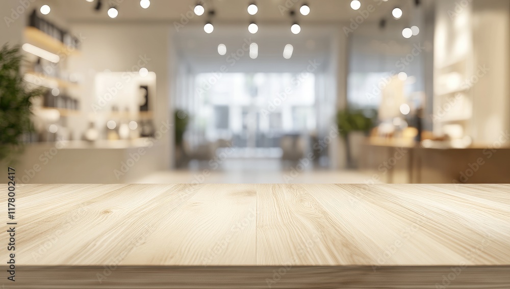Aufkleber Empty wooden table with a blurred bokeh background in a modern fashion store interior, ideal for product display mockups and branding designs with a focus effect