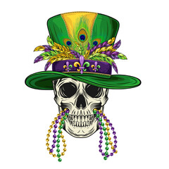 Human skull with green tall cylinder hat with bunch of colorful feathers and bundle of beads between jaws. Mardi Gras themed detailed illustration in vintage style
