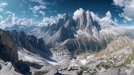 Stunning panoramic view of the snow capped alps with rocky peaks and lush greenery under blue sky
