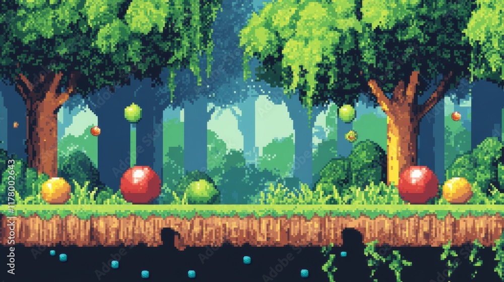 Aufkleber game level background with platforms and items. vector cartoon landscape of forest, trees, flying is