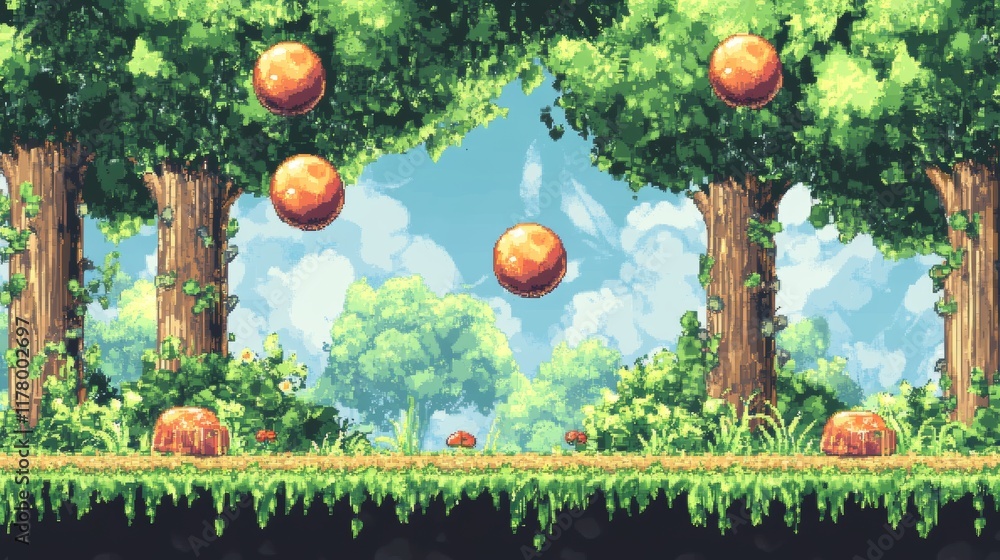 Poster game level background with platforms and items. vector cartoon landscape of forest, trees, flying is