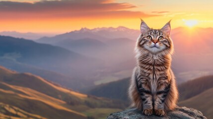 Obraz premium Adorable tabby cat sitting on a rock with a breathtaking mountain sunset in the background, AI