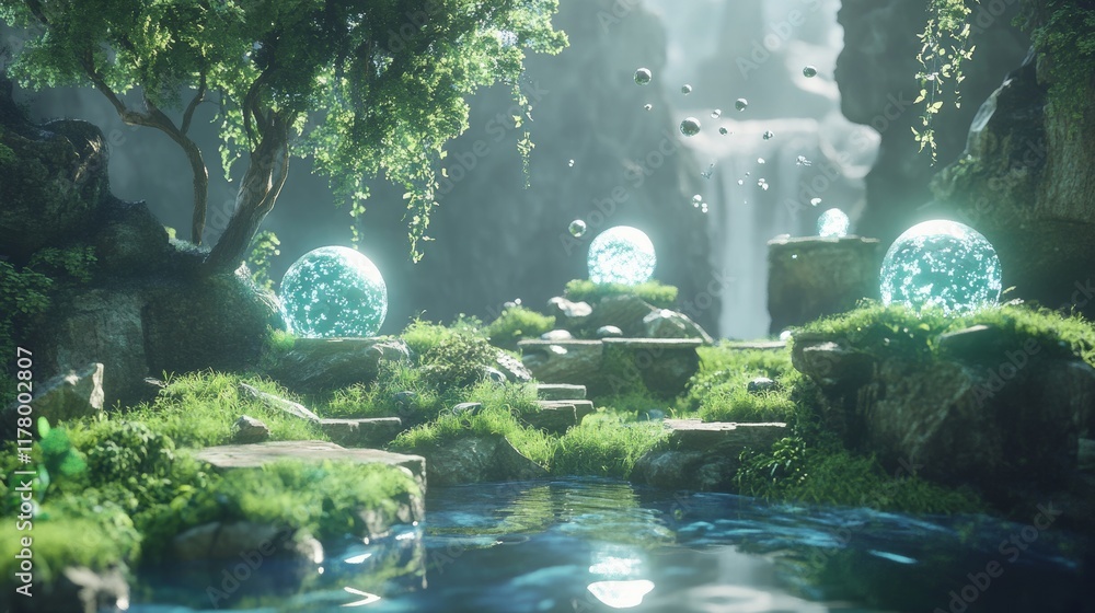 Poster game level background with platforms and items. vector cartoon landscape of forest, trees, flying is