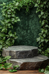 A stone pedestal surrounded by green plants and greenery