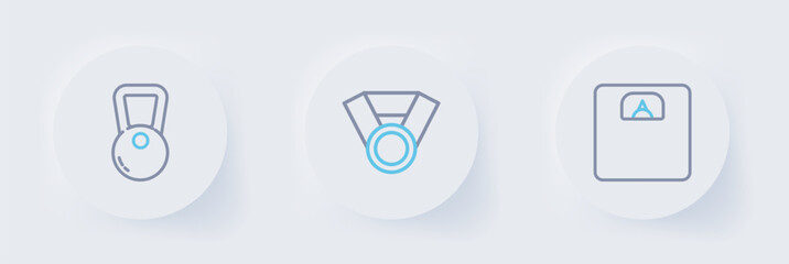 Set line Bathroom scales, Medal and Kettlebell icon. Vector