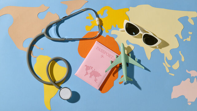 international medical travel insurance concept on world map