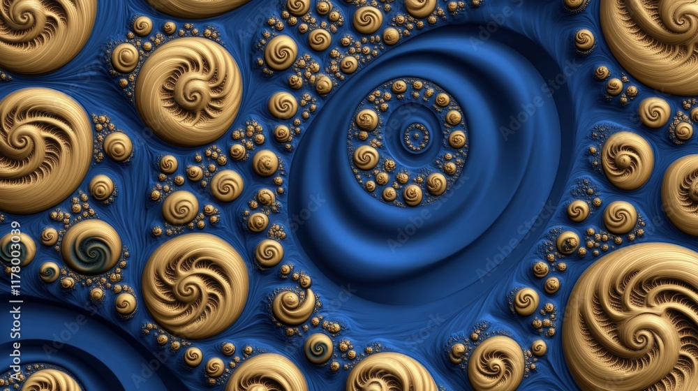 Poster abstract golden spiral patterns on a vibrant blue background, creating a mesmerizing fractal design.