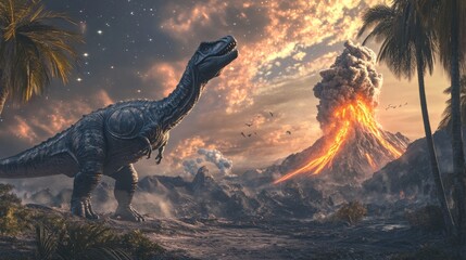 Dinosaurs extinct with meteorite falling on Earth. Asteroid explosion in end of Jurassic, Cretaceous or Triassic prehistoric era with erupting volcano. Planet evolution cartoon vector landscape, panic