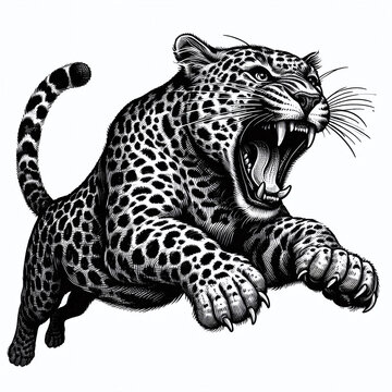 Fierce leaping leopard with an open mouth, drawn in a detailed engraving style sketch. Scratch board imitation. Black and white image. Generative AI.