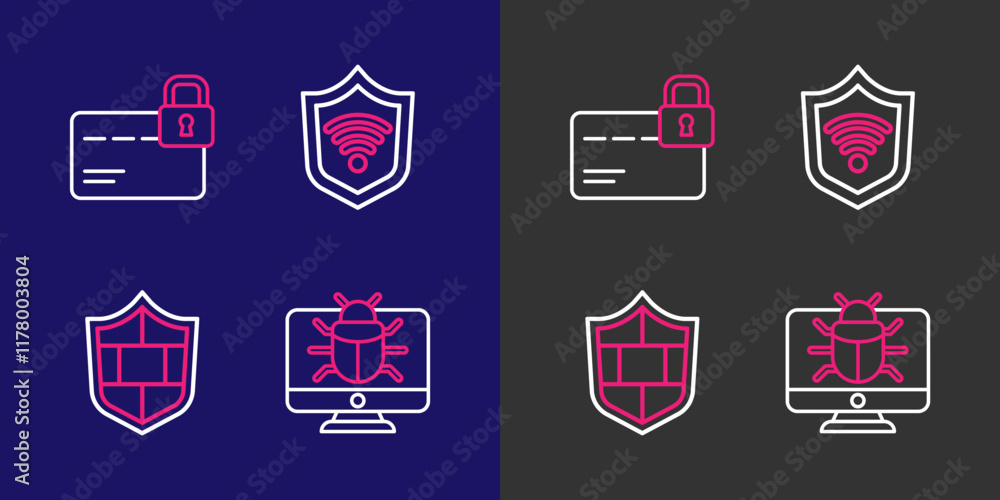 Poster set line system bug on monitor, shield with brick wall, wifi wireless and credit card lock icon. vec