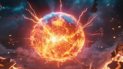 Realistic bolt circle with lightning explosion vector effect. Electric thunder power ball discharge. 3d isolated neon thunderstorm blast laser element. Transparent spark fireball hit illustration