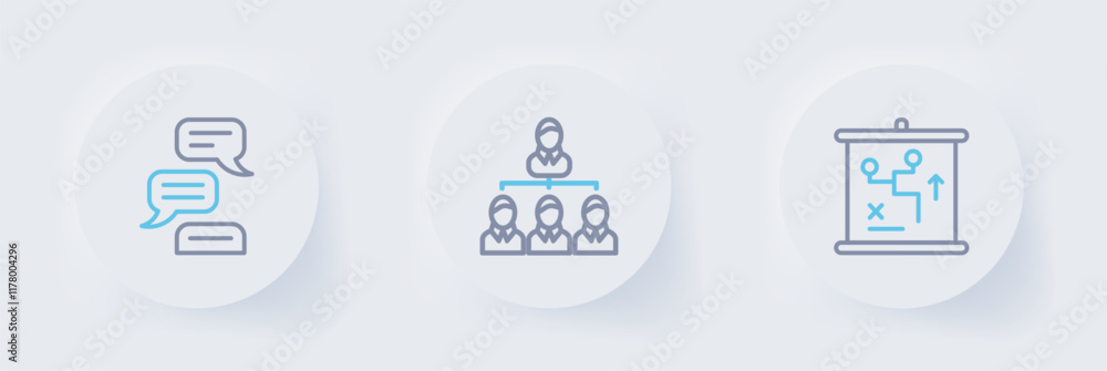 Poster set line planning strategy concept, hierarchy organogram chart and speech bubble chat icon. vector