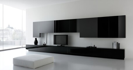 Modern black entertainment unit in minimalist living room.