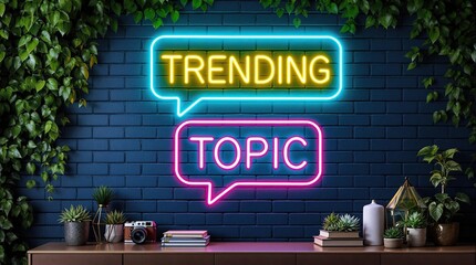 Neon Signs Featuring 'TRENDING' and 'TOPIC' on Dark Blue Brick Wall with Foliage and Sleek Objects, Slick Urban Aesthetic