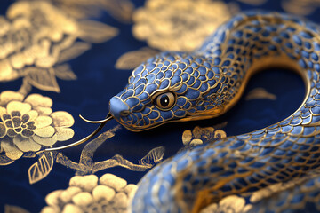 Fototapeta premium Blue snake for Chinese New Year - Year of the Snake, with festive elements like lanterns and blossoms, generative AI