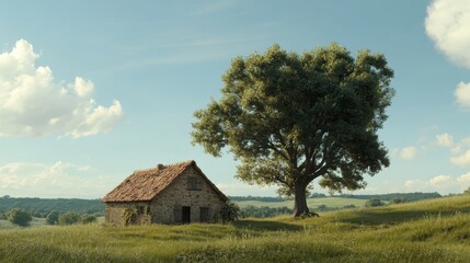 Obraz premium Rustic stone cottage nestled beside a large tree on a grassy hill under a bright sky.