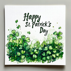 Green and white card with a green shamrock and the words Happy St