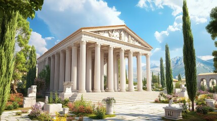 Ancient greek temple with pillars. Vector realistic antique building front with white marble arches and columns with capital in doric style. Background with roman palace entrance