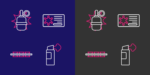 Set line Pepper spray, Barbed wire, Police badge and Hand grenade icon. Vector