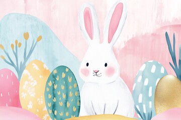 Easter card have watercolor and modern memphis print with Eggs and bunnies, very beautiful, pastels and gold