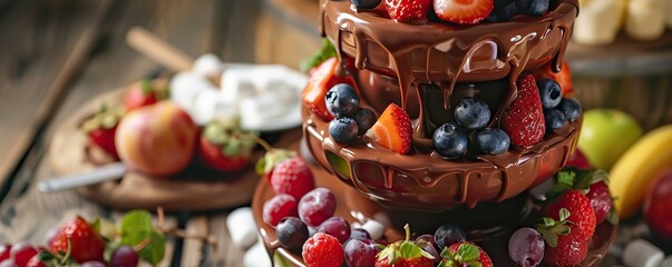 Chocolate fondue fountain with various fresh fruits