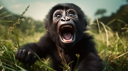 Curious Baby Gorilla in Natural Grassland Habitat