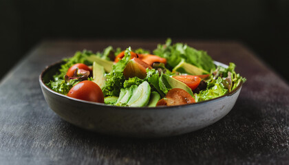 Healthy salad with fresh tomatoes, avocado, cucumber and lettuce in bowl. Tasty food. Delicious meal