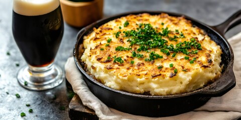comfort food, classic shepherds pie in a skillet with golden mashed potatoes, paired with dark beer in a logo-less glass, space for text on the side