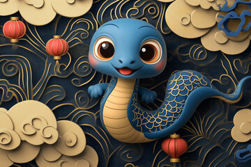 A cute blue snake symbolizing the Chinese New Year - Year of the Snake, surrounded by festive elements like red lanterns and cherry blossoms, generative AI