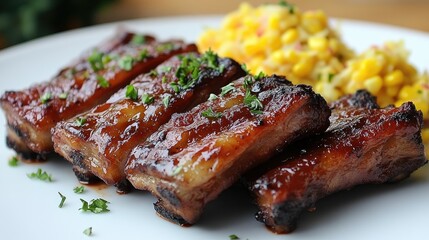 Glazed Pork Ribs Served with Sweet Corn