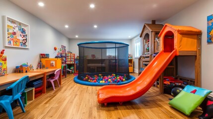 Kids playroom interior, empty indoors playground with furniture and equipment for games slide with dry pool and balls, trampoline, wood house, toys and desks for children Cartoon vector illustration