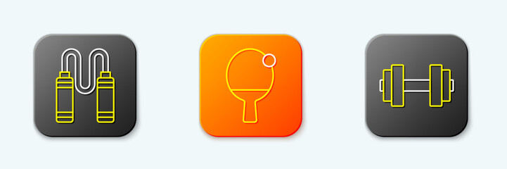 Set line Jump rope, Racket and ball and Dumbbell icon. Vector
