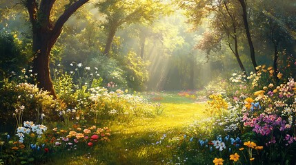 Sunbeams Illuminating a Flower-Filled Forest Path