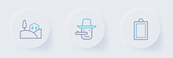 Set line Picture, Pinocchio and Village landscape icon. Vector